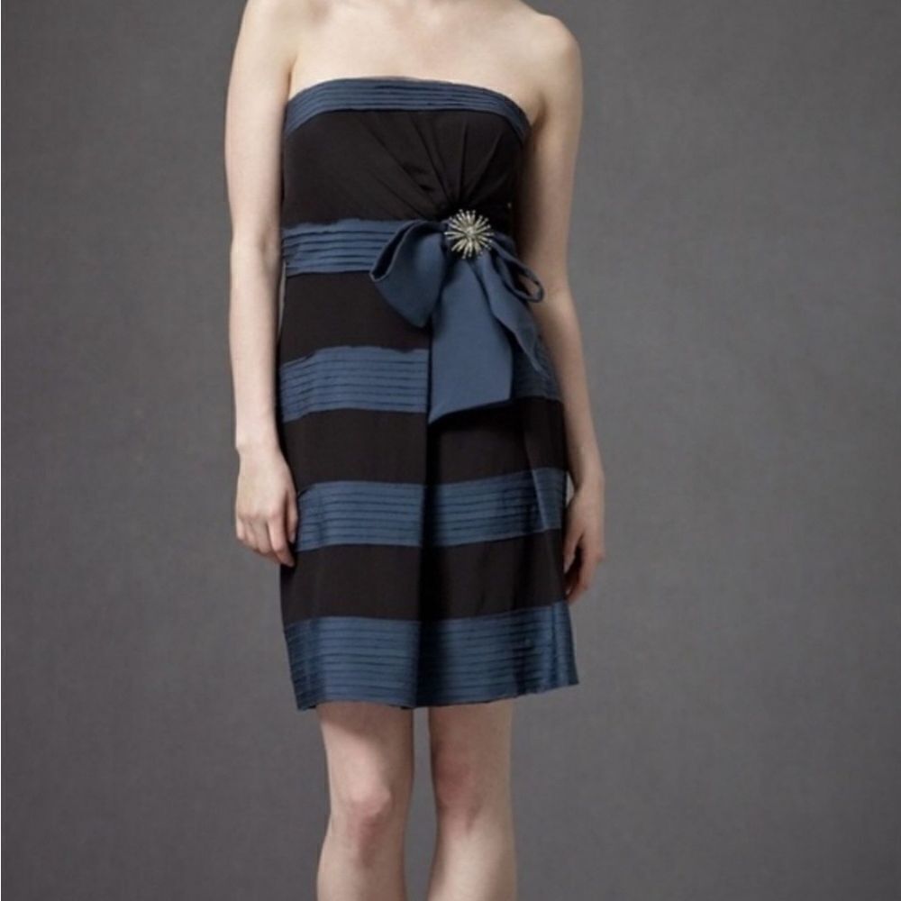 Anthropologie Bhldn Hitherto 💯 Silk Blue and Black Striped Strapless Dress